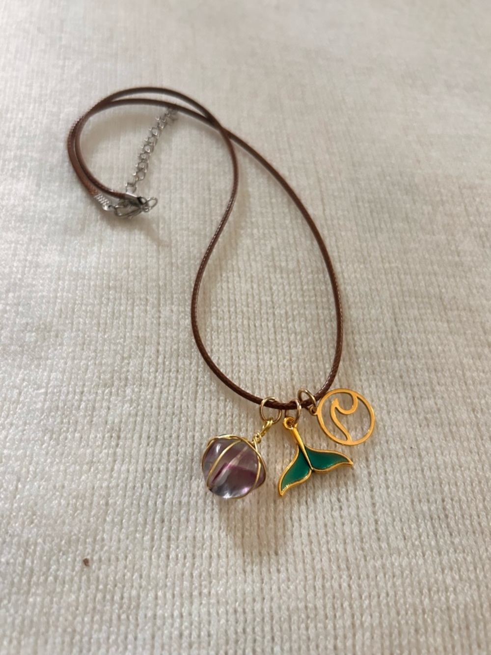 Handcrafted Brown Cord Necklace with Multicolor Gold Wrapped Fluorite